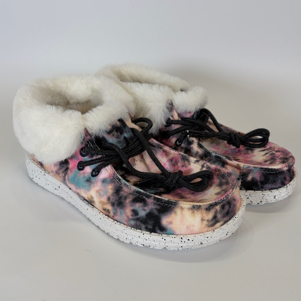 Hey Dude Britt Youth Y3 - L4 EU 35 Navy Pink Tie Dye Boho Boot Faux Fur‎